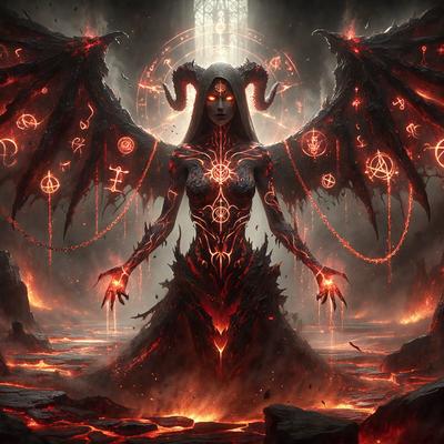 The primary subject of the image is a demonic-looking creature, possibly a demon or a demoness, with horns and wings. The creature is standing on a rocky surface, possibly a volcano, with a fiery background. The visual style of the image is digital art, and the dominant colors are red and black, creating a dramatic and intense atmosphere.